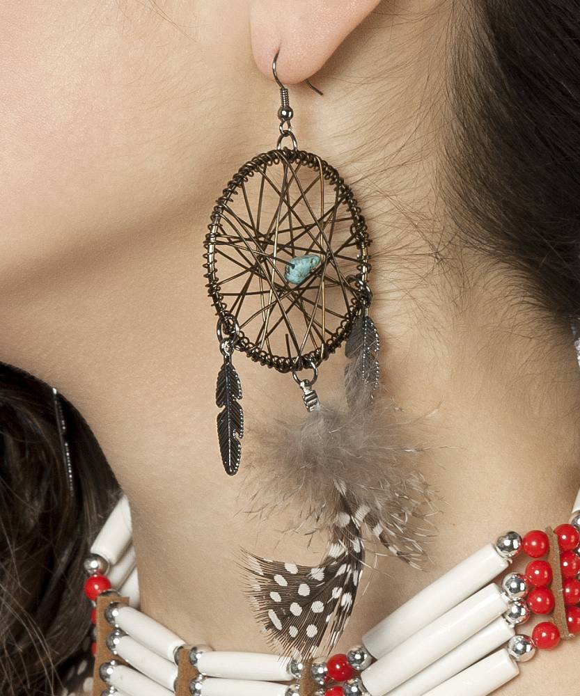 Parure Bijoux Boho Pour Femmes - Collier & Boucles D'oreilles Plume Turquoise - Style Vintage